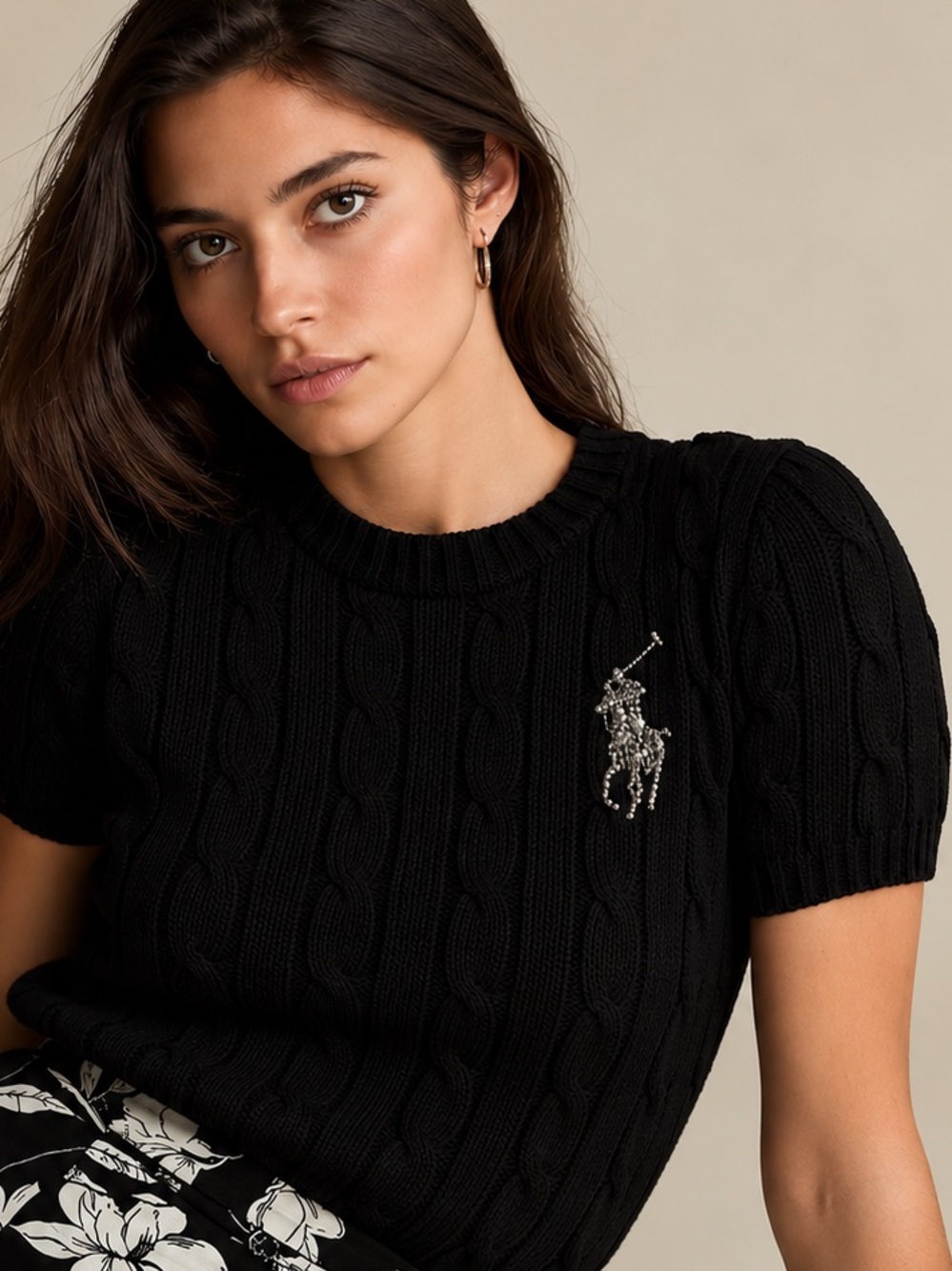 Ralph Lauren Black Cable-Knit Short Sleeve Top with Embroidered Polo Sweater